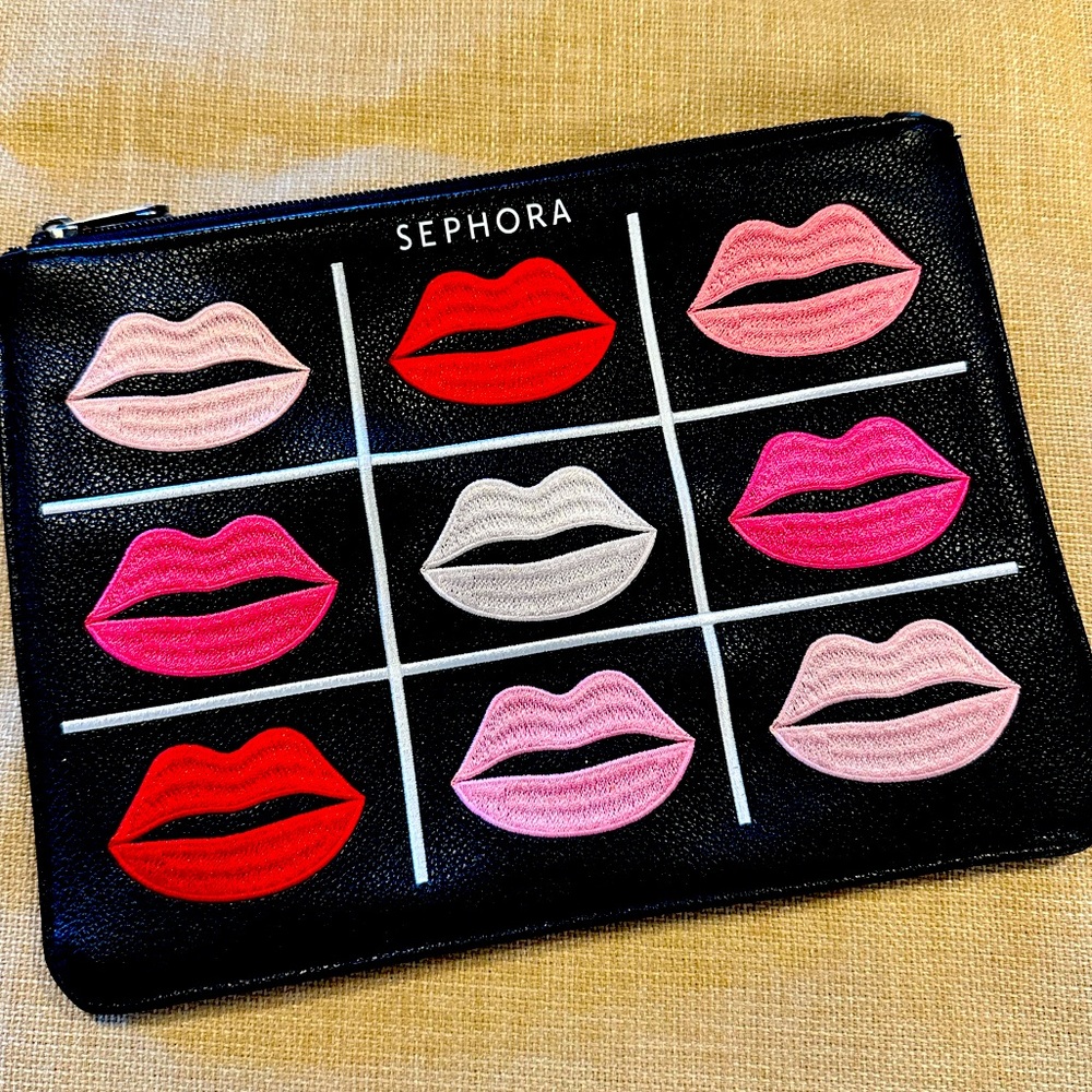 Sephora Leather Embroidered Make Up Pouch, Lip Motif